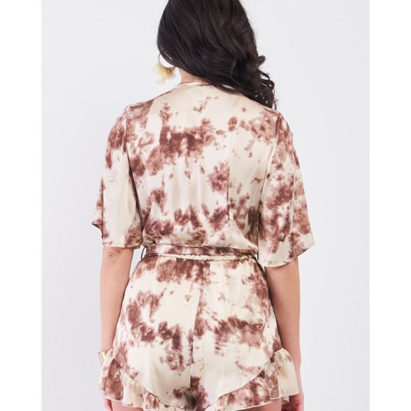 Brown Tye-Dye V-neck Ruffle Hem Romper NEW - Picture 2 of 3